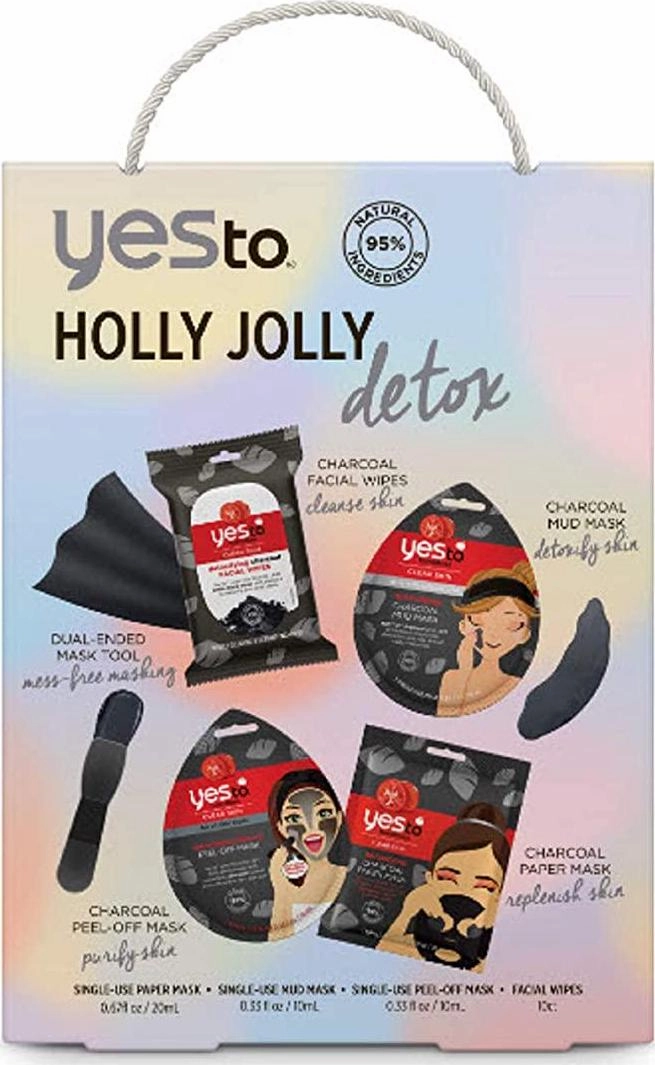 Yes To Tomatoes Detoxifying Charcoal Facial Kit - Wipes 10 Ct, Single Use Mud Mask, Single Use Peel-Off Mask, Single Use Paper Mask, and Dual-Ended Mask Tool