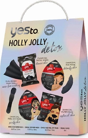 Yes To Tomatoes Detoxifying Charcoal Facial Kit - Wipes 10 Ct, Single Use Mud Mask, Single Use Peel-Off Mask, Single Use Paper Mask, and Dual-Ended Mask Tool