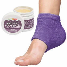 ZenToes Moisturizing Heel Socks with Natural Hydrating Foot Balm Bundle - Home Pedicure Gift Set - Fuzzy Purple Kit