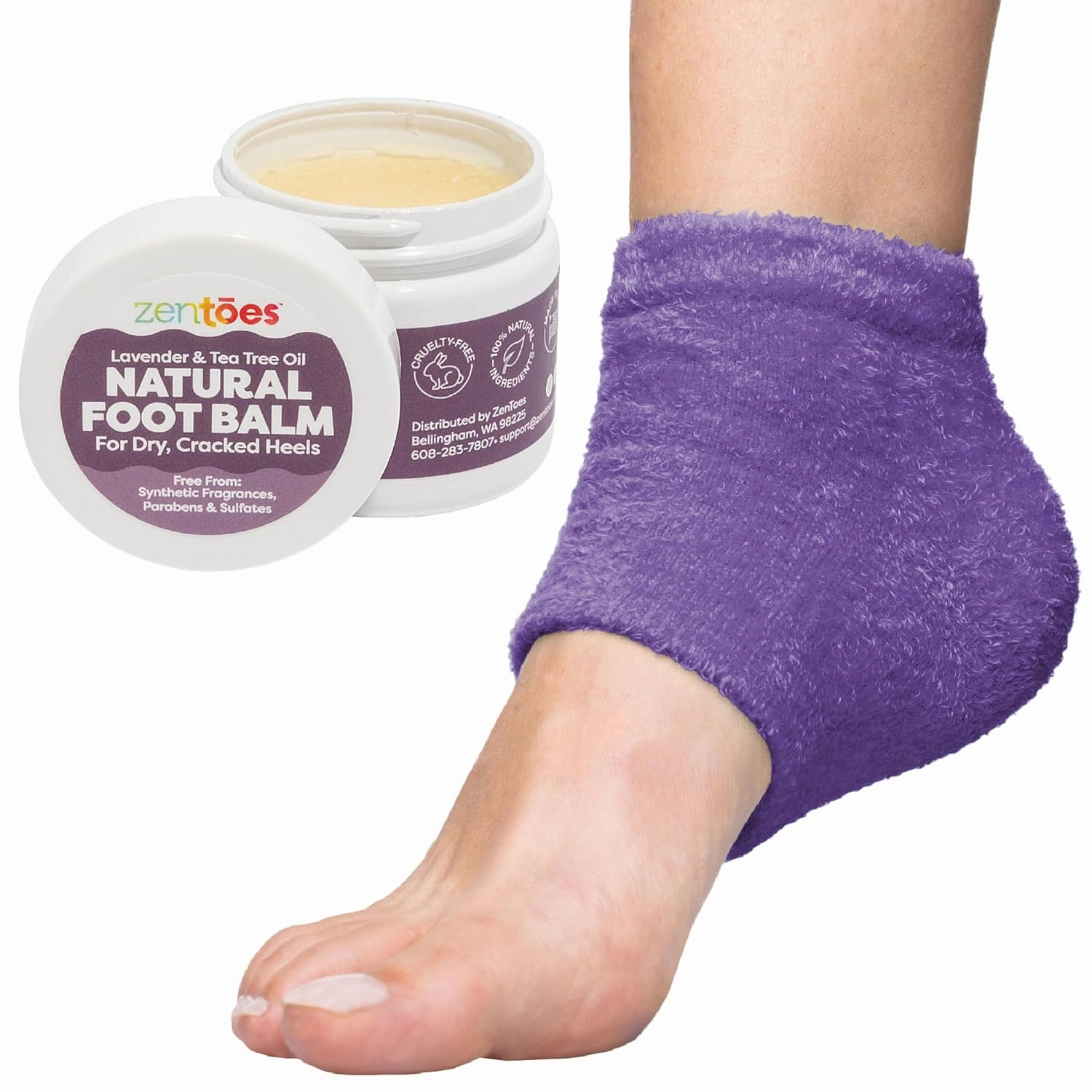 ZenToes Moisturizing Heel Socks with Natural Hydrating Foot Balm Bundle - Home Pedicure Gift Set - Fuzzy Purple Kit