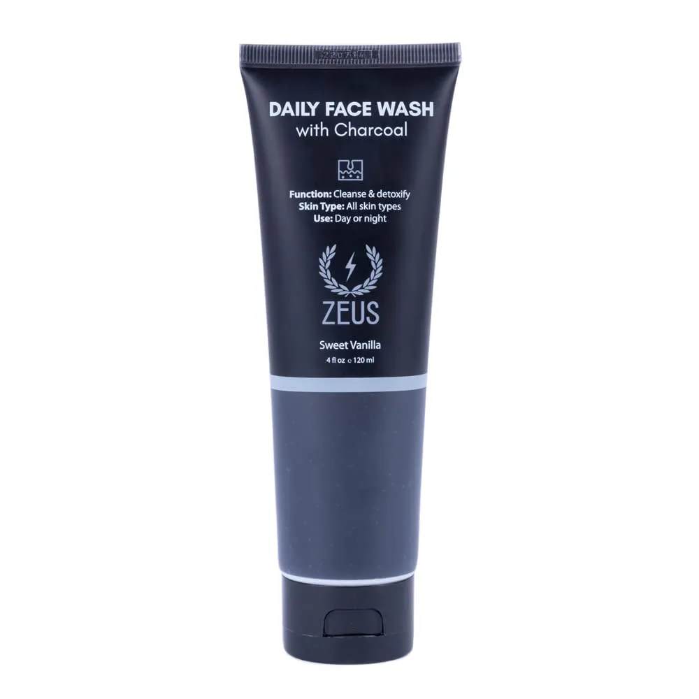 ZEUS Charcoal Face Wash for Men, Deep Cleaning Skin Facial Wash, Daily Exfoliating & Detoxifying Cleanser for All Skin Types (Made in USA) 4 fl. oz.